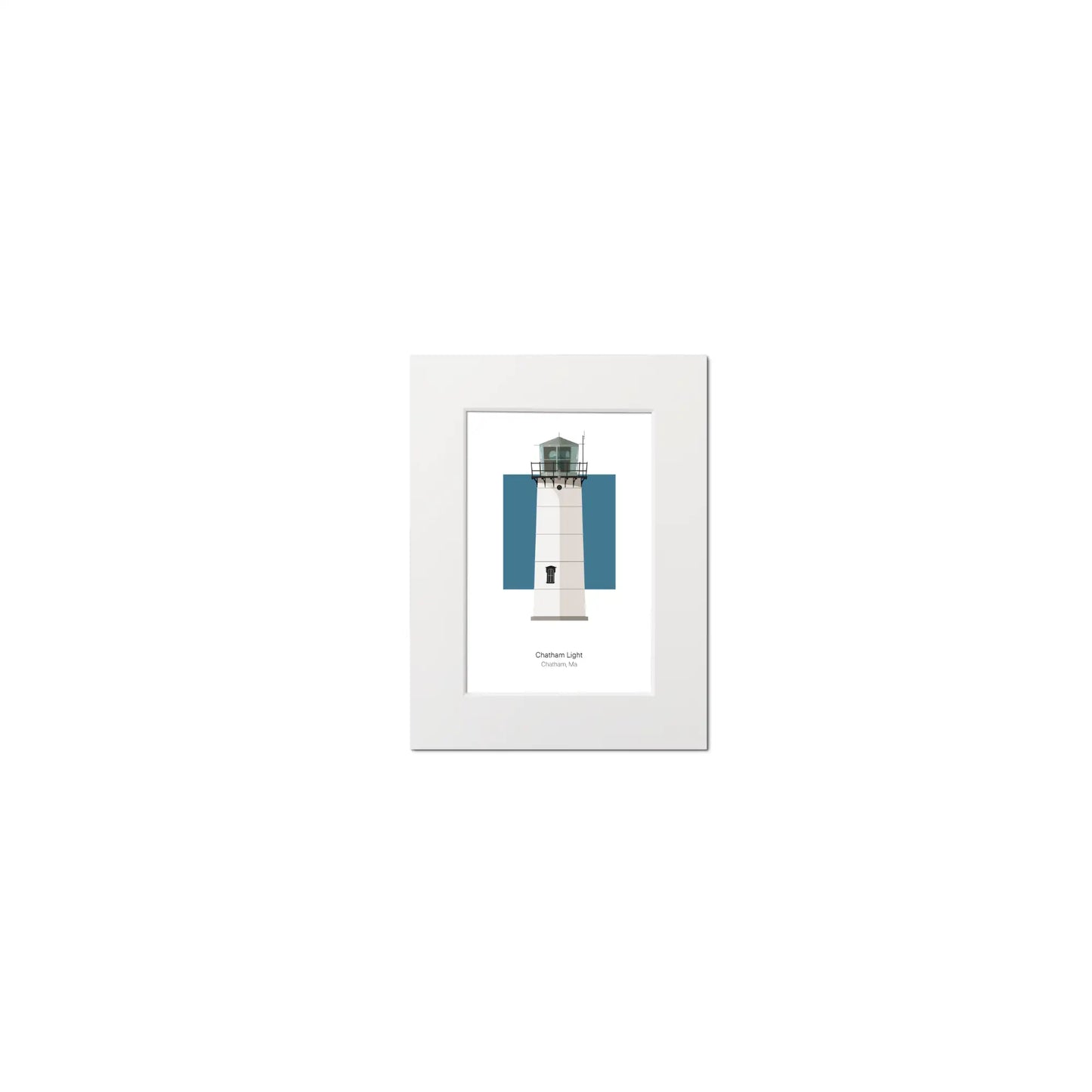 Illustration of the Chatham lighthouse, Maine, USA. On a white background with aqua blue square as a backdrop, mounted and measuring 6"x8" (15x20cm).