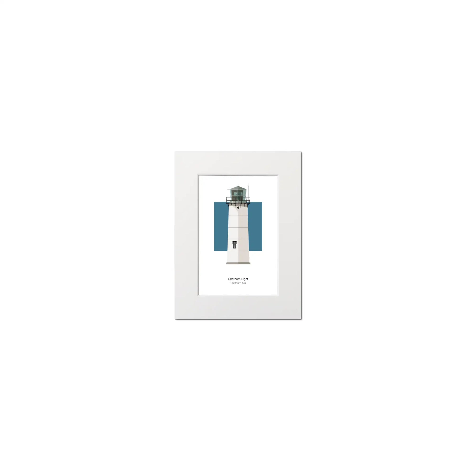 Illustration of the Chatham lighthouse, Maine, USA. On a white background with aqua blue square as a backdrop, mounted and measuring 6"x8" (15x20cm).