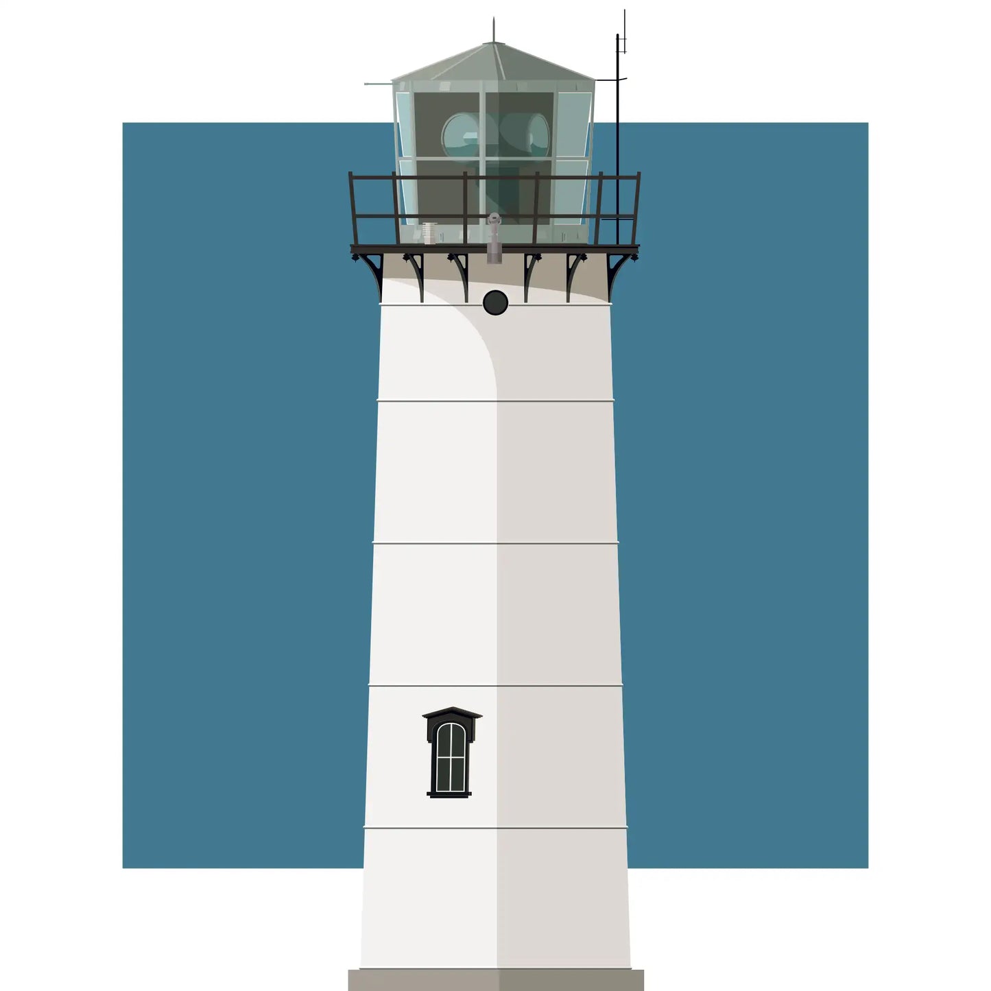 Illustration of the Chatham lighthouse, Maine, USA. On a white background with aqua blue square as a backdrop.