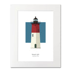 Illustration of the Nauset lighthouse, Maine,  USA. On a white background with aqua blue square as a backdrop, mounted and measuring 16"x 20" (40x50cm).