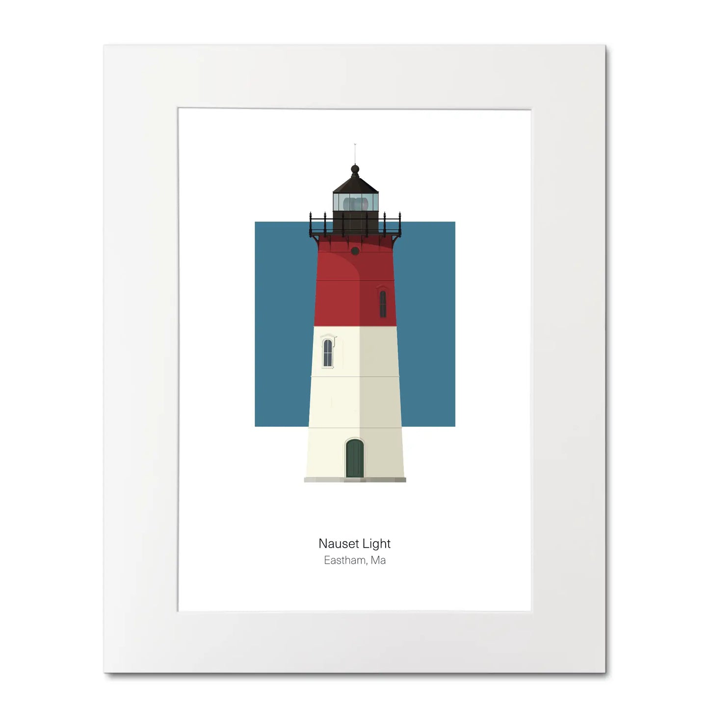 Illustration of the Nauset lighthouse, Maine,  USA. On a white background with aqua blue square as a backdrop, mounted and measuring 16"x 20" (40x50cm).