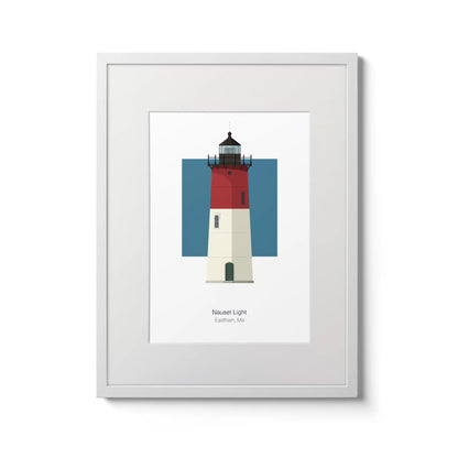 Illustration of the Nauset lighthouse, Maine,  USA. On a white background with aqua blue square as a backdrop., in a white frame and measuring 12"x16" (30x40cm).