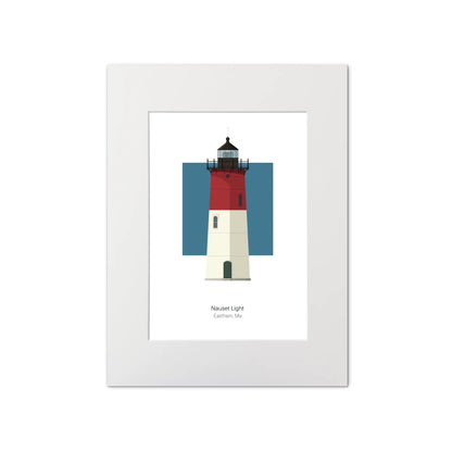 Illustration of the Nauset lighthouse, Maine,  USA. On a white background with aqua blue square as a backdrop, mounted and measuring 12"x16" (30x40cm).