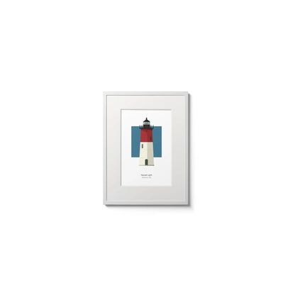 Illustration of the Nauset lighthouse, Maine,  USA. On a white background with aqua blue square as a backdrop, in a white frame and measuring 6"x8" (15x20cm).