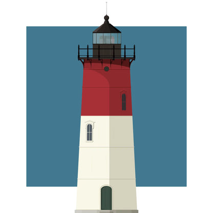 Illustration of the Nauset lighthouse, Maine,  USA. On a white background with aqua blue square as a backdrop.