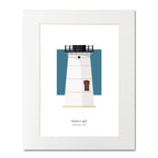 Illustration of the Stage Harbor lighthouse, Maine, USA. On a white background with aqua blue square as a backdrop, mounted and measuring 16"x 20" (40x50cm).