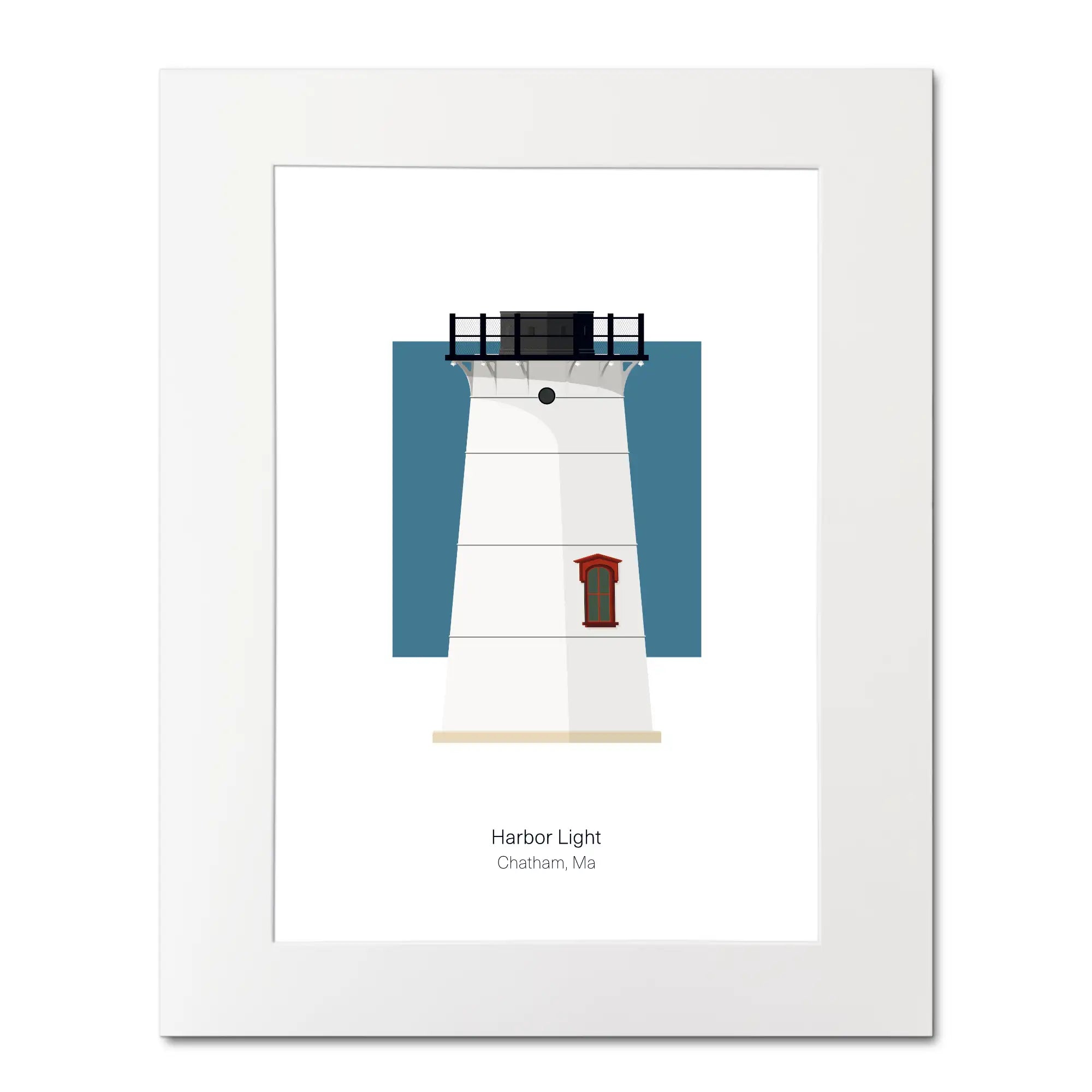 Illustration of the Stage Harbor lighthouse, Maine, USA. On a white background with aqua blue square as a backdrop, mounted and measuring 16"x 20" (40x50cm).