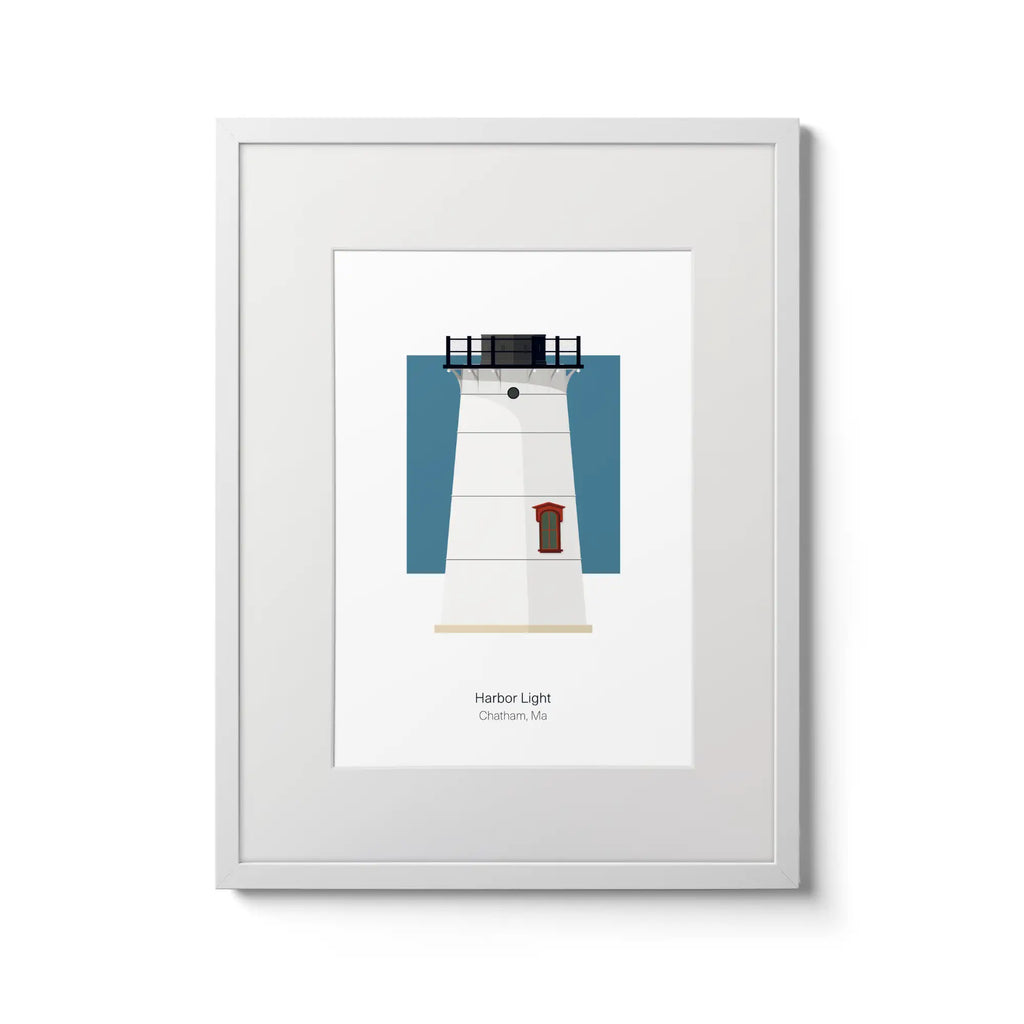 Illustration of the Stage Harbor lighthouse, Maine, USA. On a white background with aqua blue square as a backdrop., in a white frame and measuring 12"x16" (30x40cm).