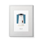 Illustration of the Stage Harbor lighthouse, Maine, USA. On a white background with aqua blue square as a backdrop., in a white frame and measuring 12"x16" (30x40cm).