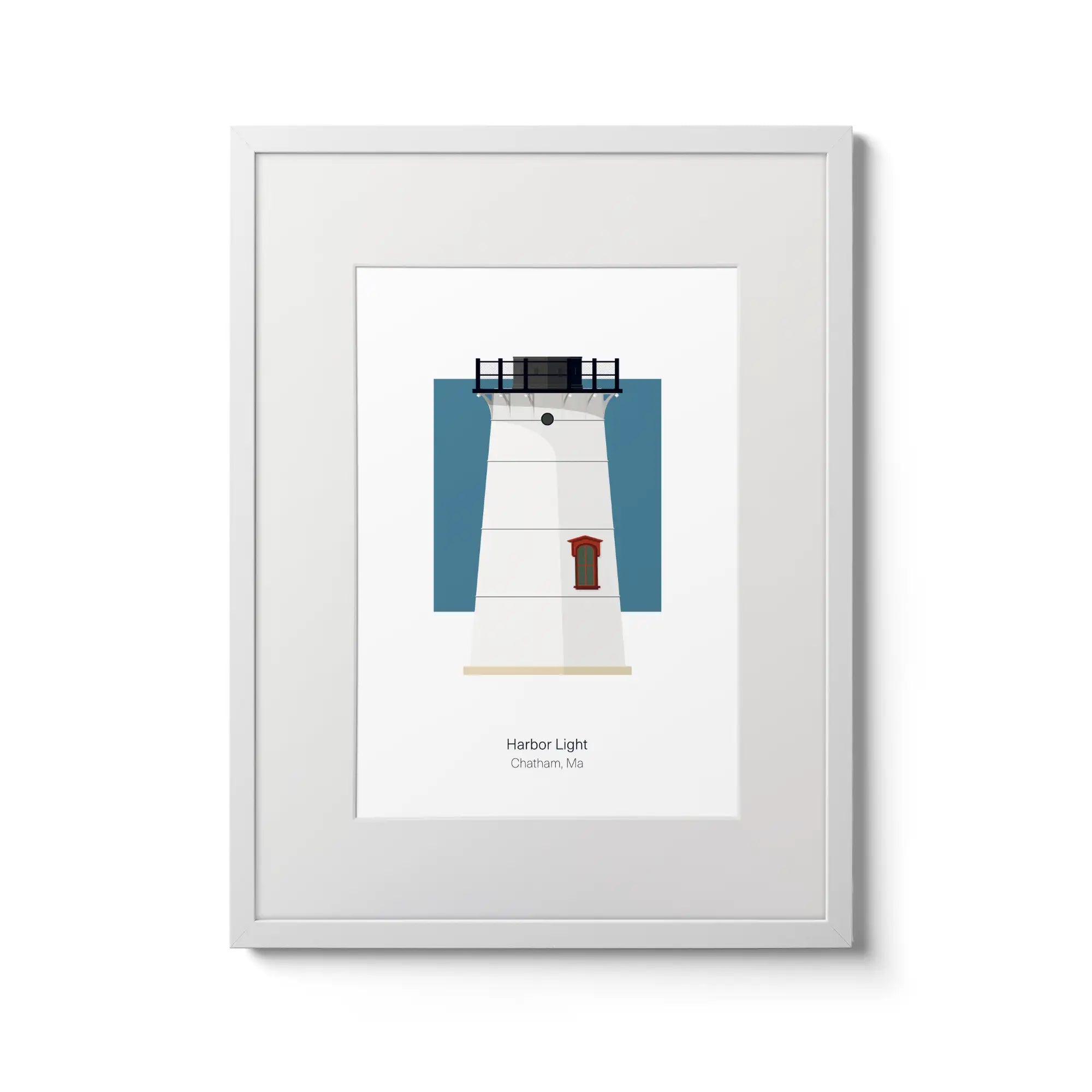 Illustration of the Stage Harbor lighthouse, Maine, USA. On a white background with aqua blue square as a backdrop., in a white frame and measuring 12"x16" (30x40cm).