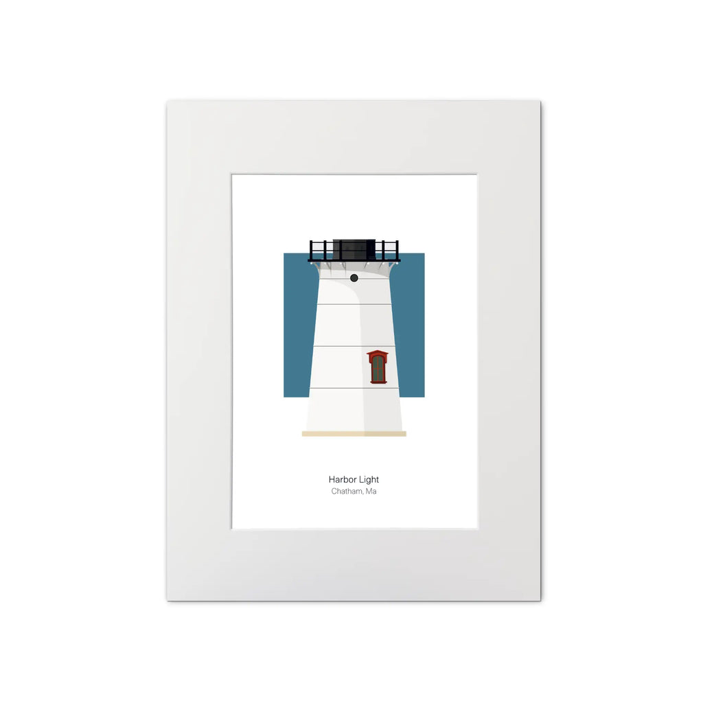 Illustration of the Stage Harbor lighthouse, Maine, USA. On a white background with aqua blue square as a backdrop, mounted and measuring 12"x16" (30x40cm).