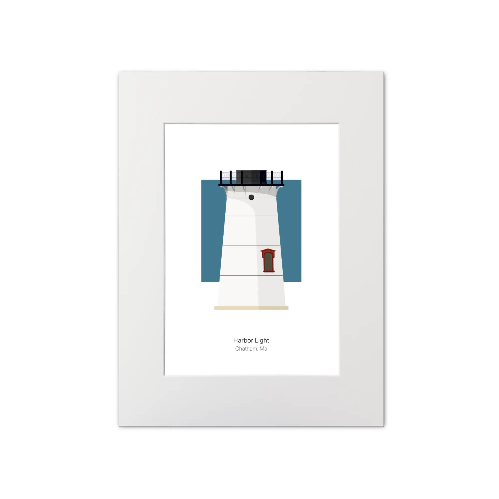 Illustration of the Stage Harbor lighthouse, Maine, USA. On a white background with aqua blue square as a backdrop, mounted and measuring 12"x16" (30x40cm).