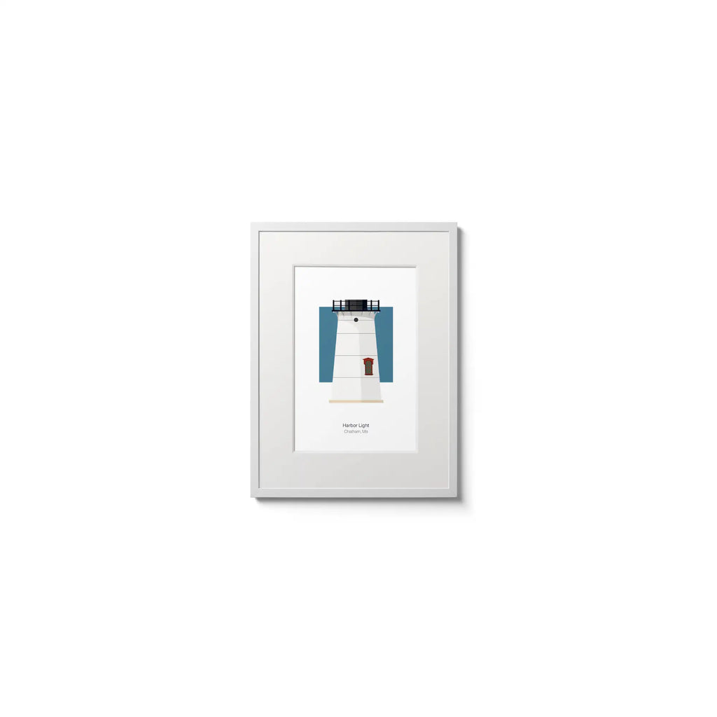 Illustration of the Stage Harbor lighthouse, Maine, USA. On a white background with aqua blue square as a backdrop, in a white frame and measuring 6"x8" (15x20cm).