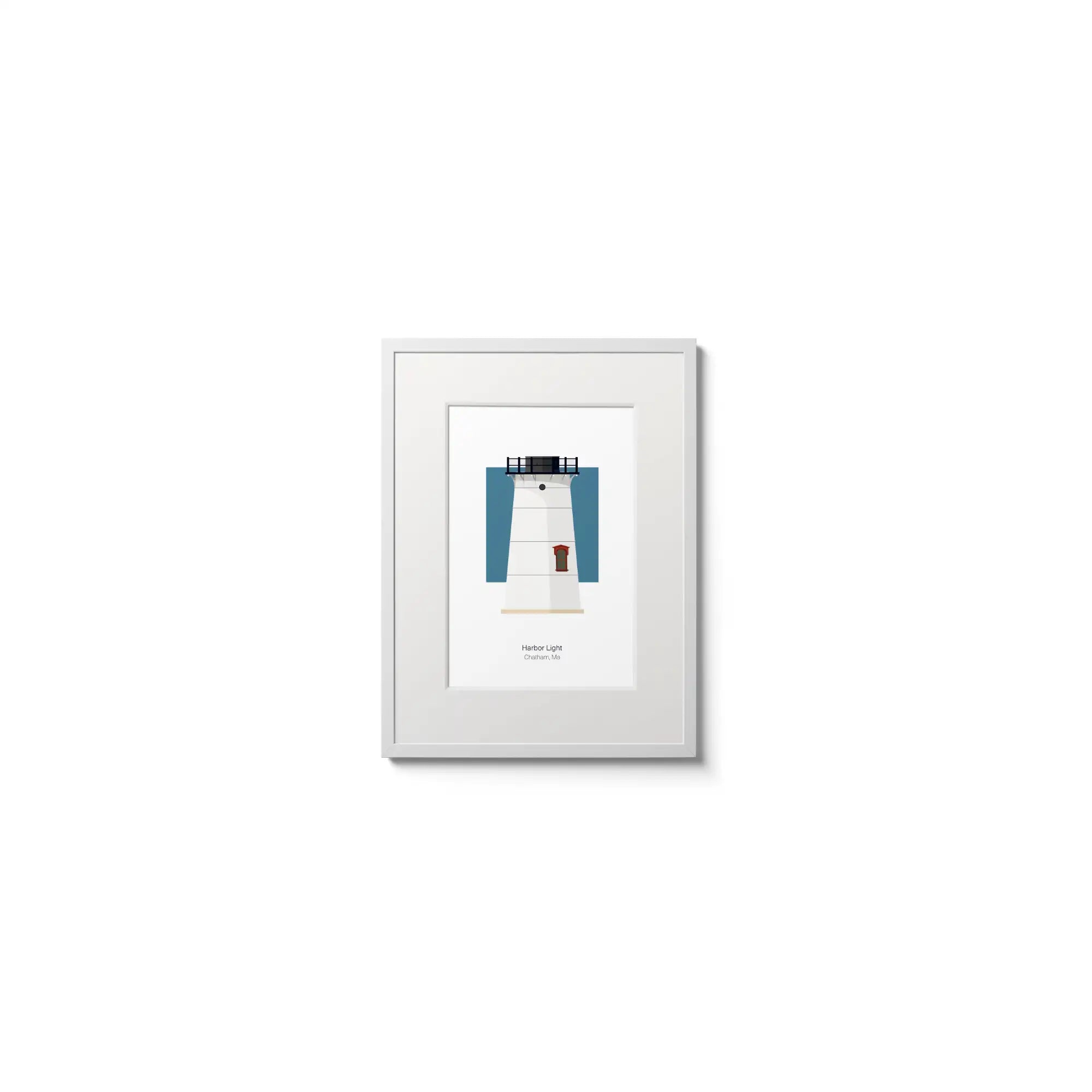 Illustration of the Stage Harbor lighthouse, Maine, USA. On a white background with aqua blue square as a backdrop, in a white frame and measuring 6"x8" (15x20cm).