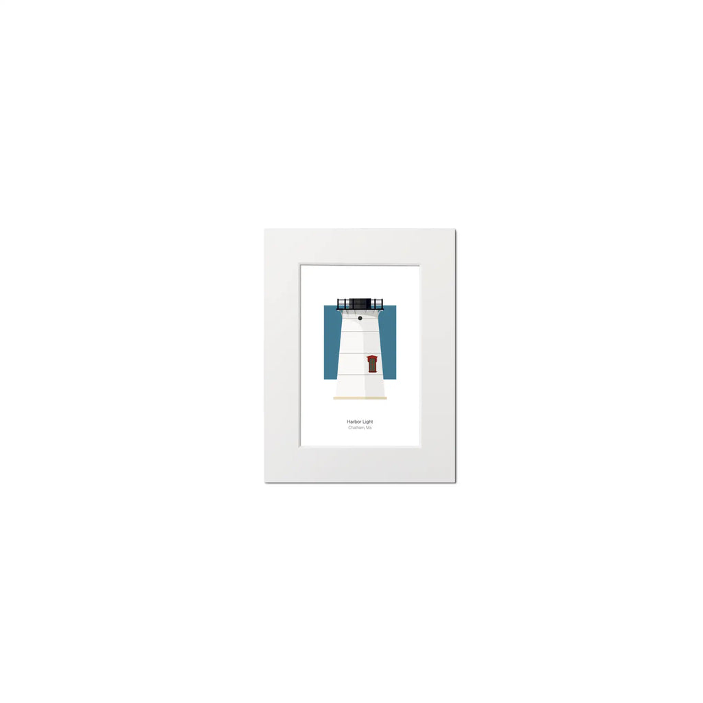 Illustration of the Stage Harbor lighthouse, Maine, USA. On a white background with aqua blue square as a backdrop, mounted and measuring 6"x8" (15x20cm).