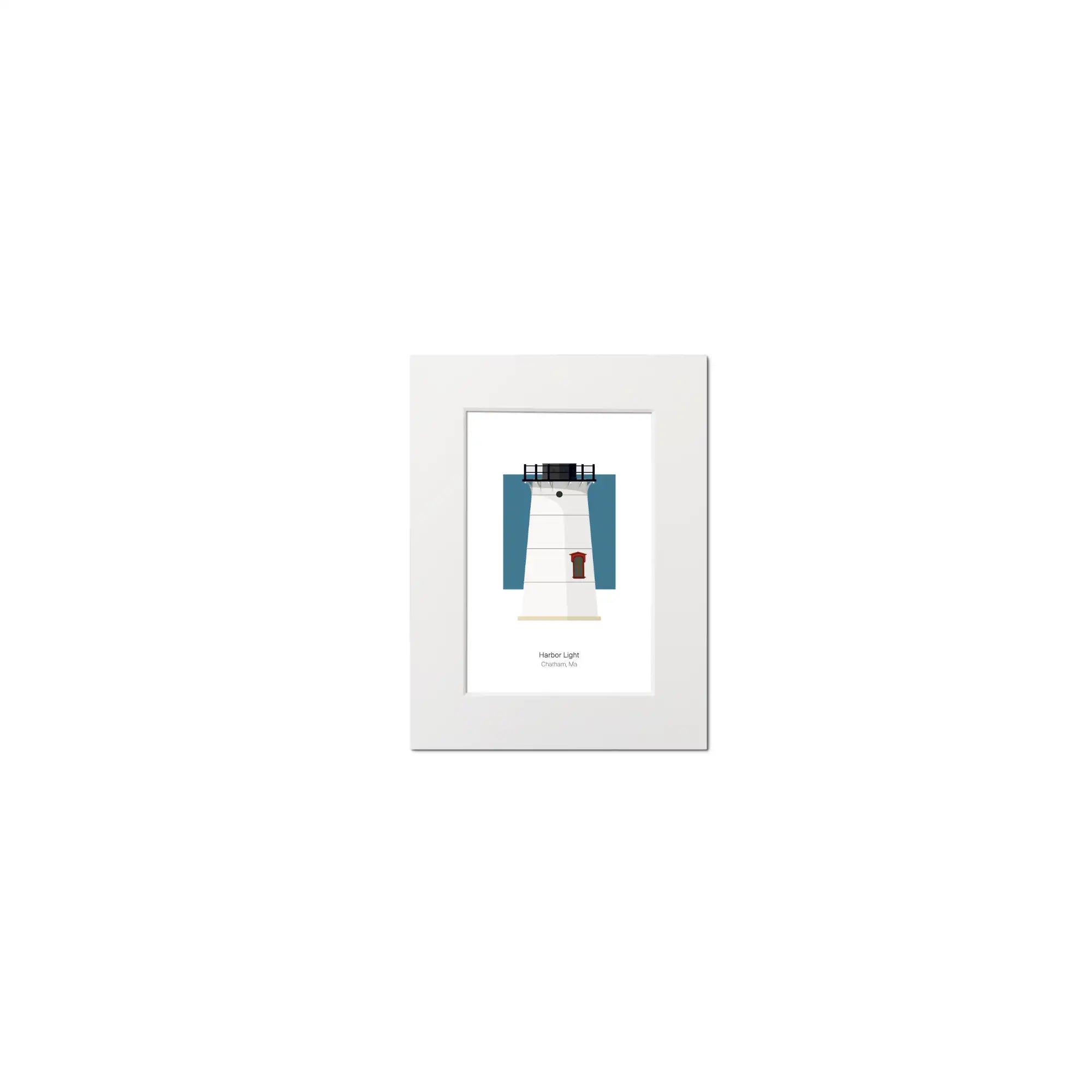 Illustration of the Stage Harbor lighthouse, Maine, USA. On a white background with aqua blue square as a backdrop, mounted and measuring 6"x8" (15x20cm).