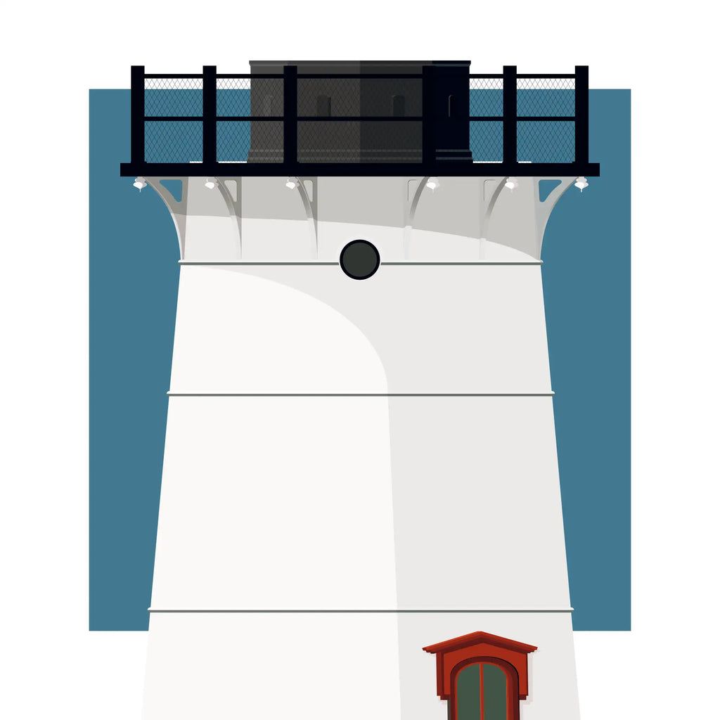 Close-up detail of the Stage Harbor lighthouse, Maine, USA, with aqua blue square backdrop.