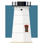 Illustration of the Stage Harbor lighthouse, Maine, USA. On a white background with aqua blue square as a backdrop.
