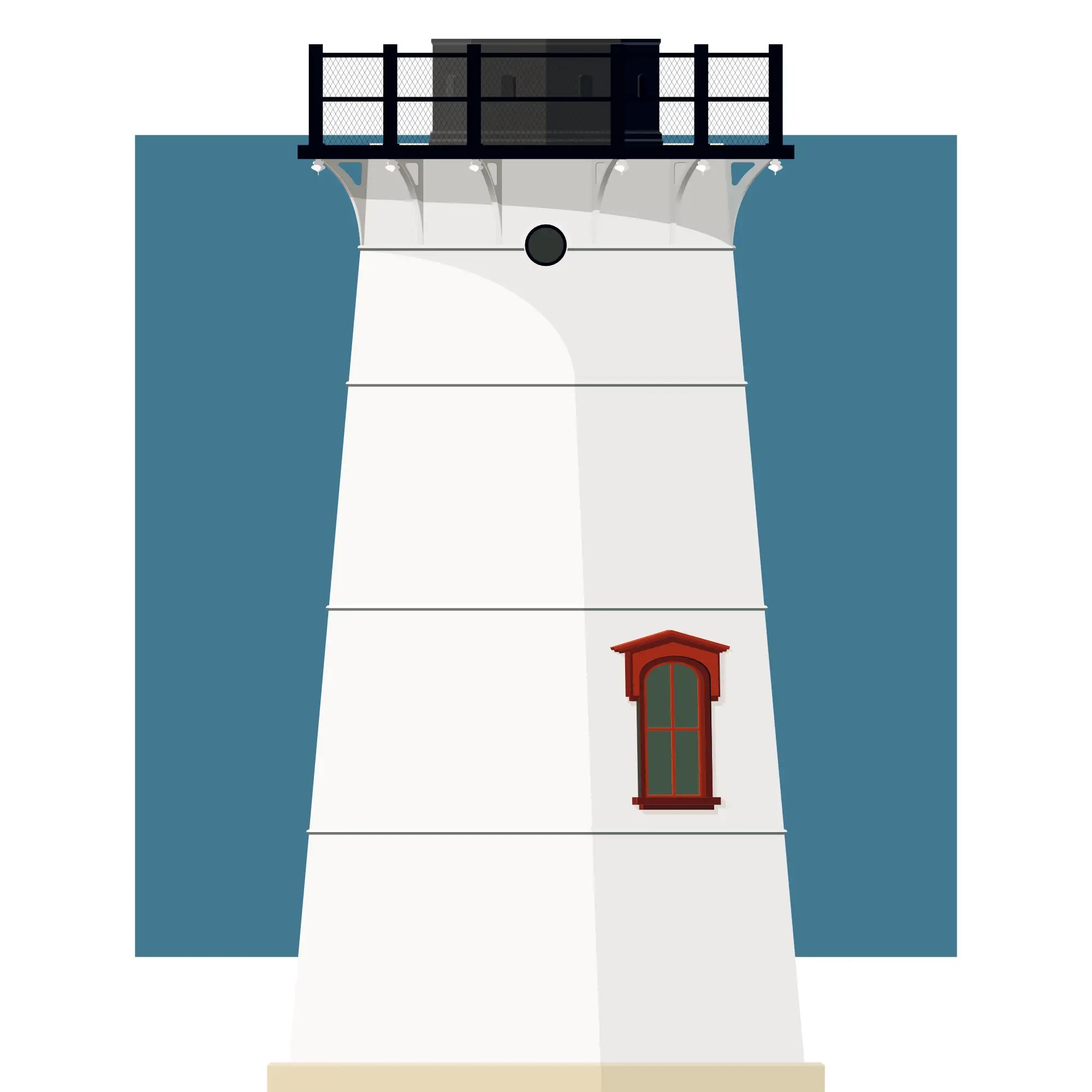 Illustration of the Stage Harbor lighthouse, Maine, USA. On a white background with aqua blue square as a backdrop.
