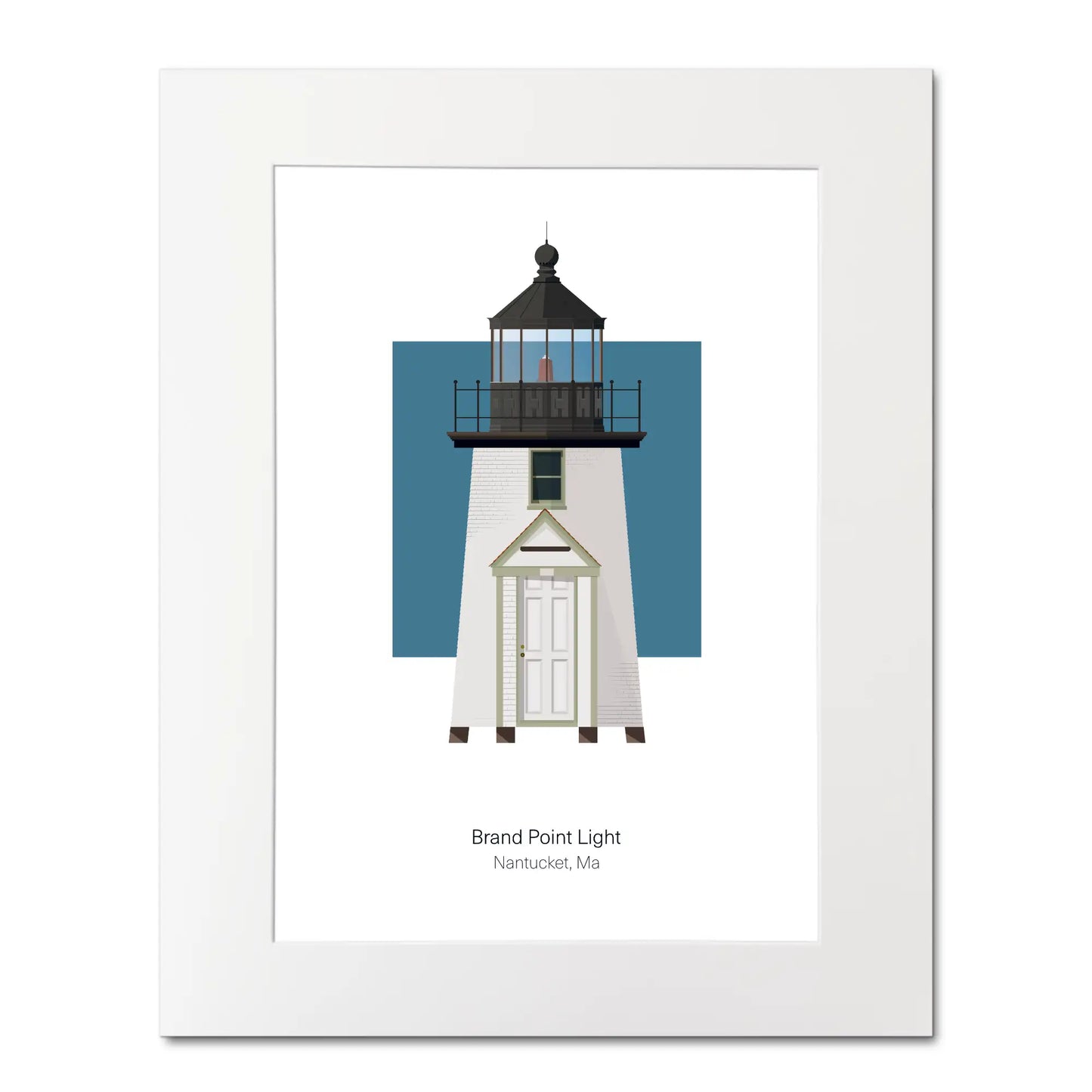 Illustration of the Brant Point, Maine,  USA. On a white background with aqua blue square as a backdrop, mounted and measuring 16"x 20" (40x50cm).