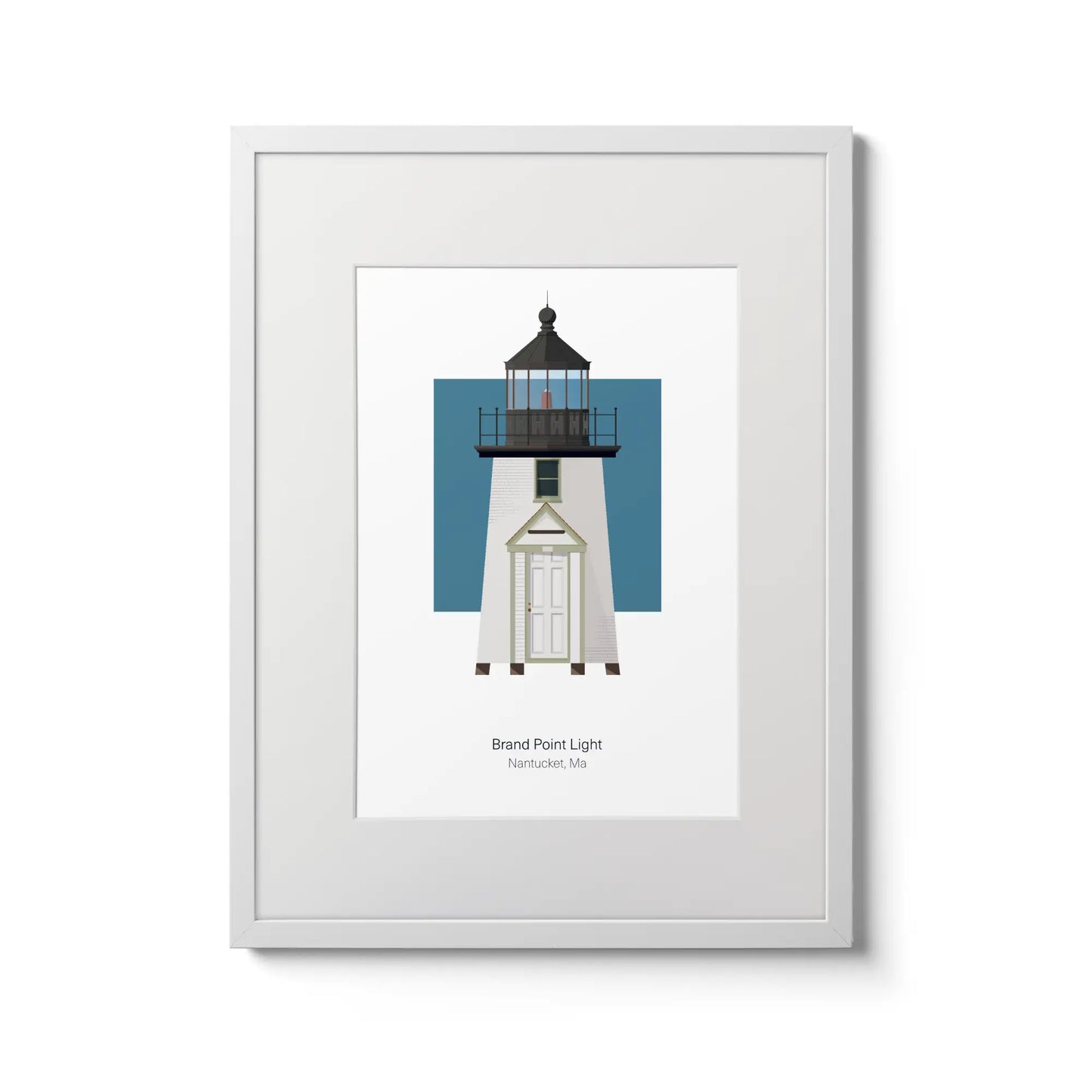 Illustration of the Brant Point, Maine,  USA. On a white background with aqua blue square as a backdrop., in a white frame and measuring 12"x16" (30x40cm).