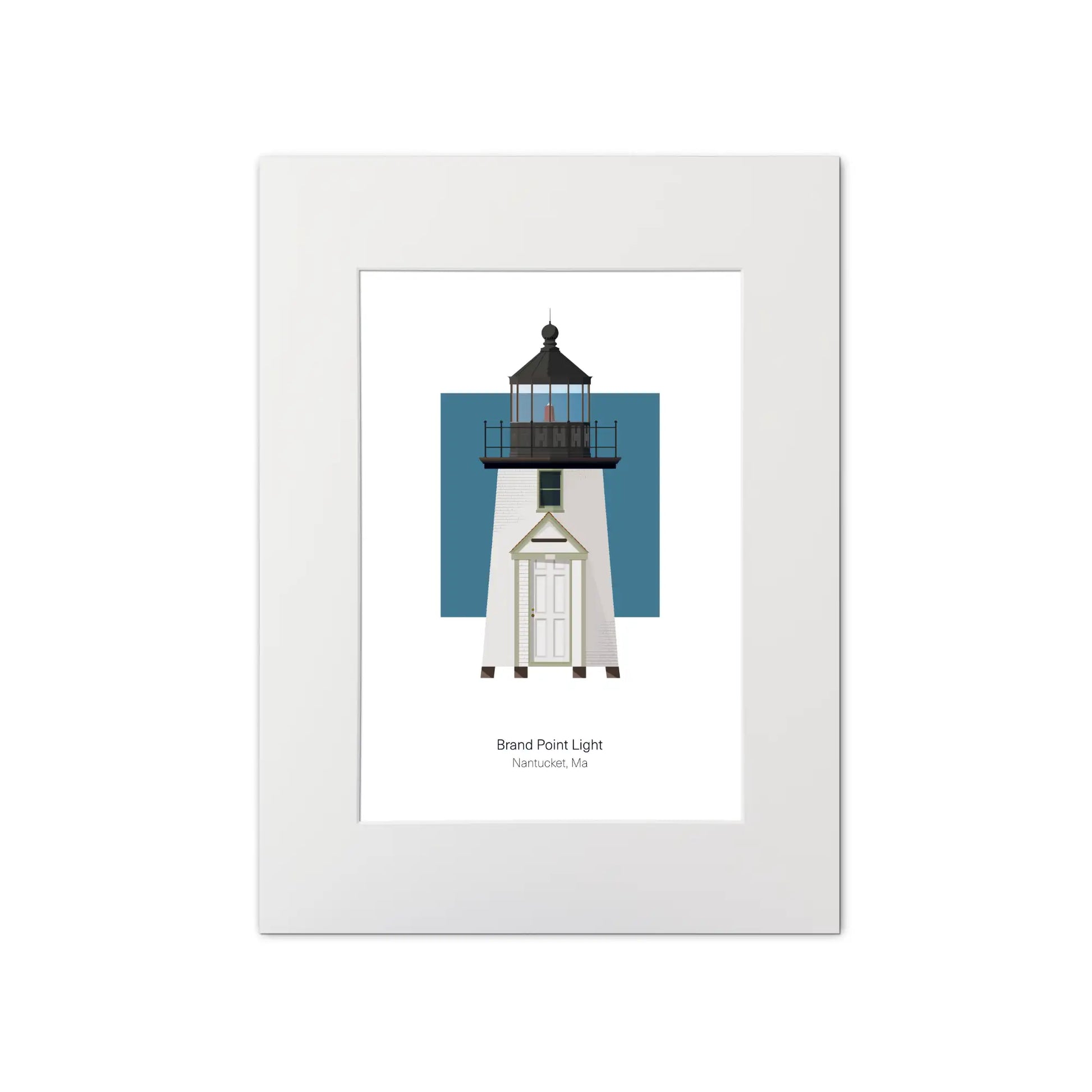 Illustration of the Brant Point, Maine,  USA. On a white background with aqua blue square as a backdrop, mounted and measuring 12"x16" (30x40cm).