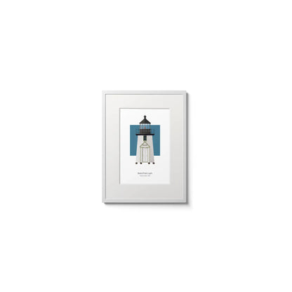 Illustration of the Brant Point, Maine,  USA. On a white background with aqua blue square as a backdrop, in a white frame and measuring 6"x8" (15x20cm).