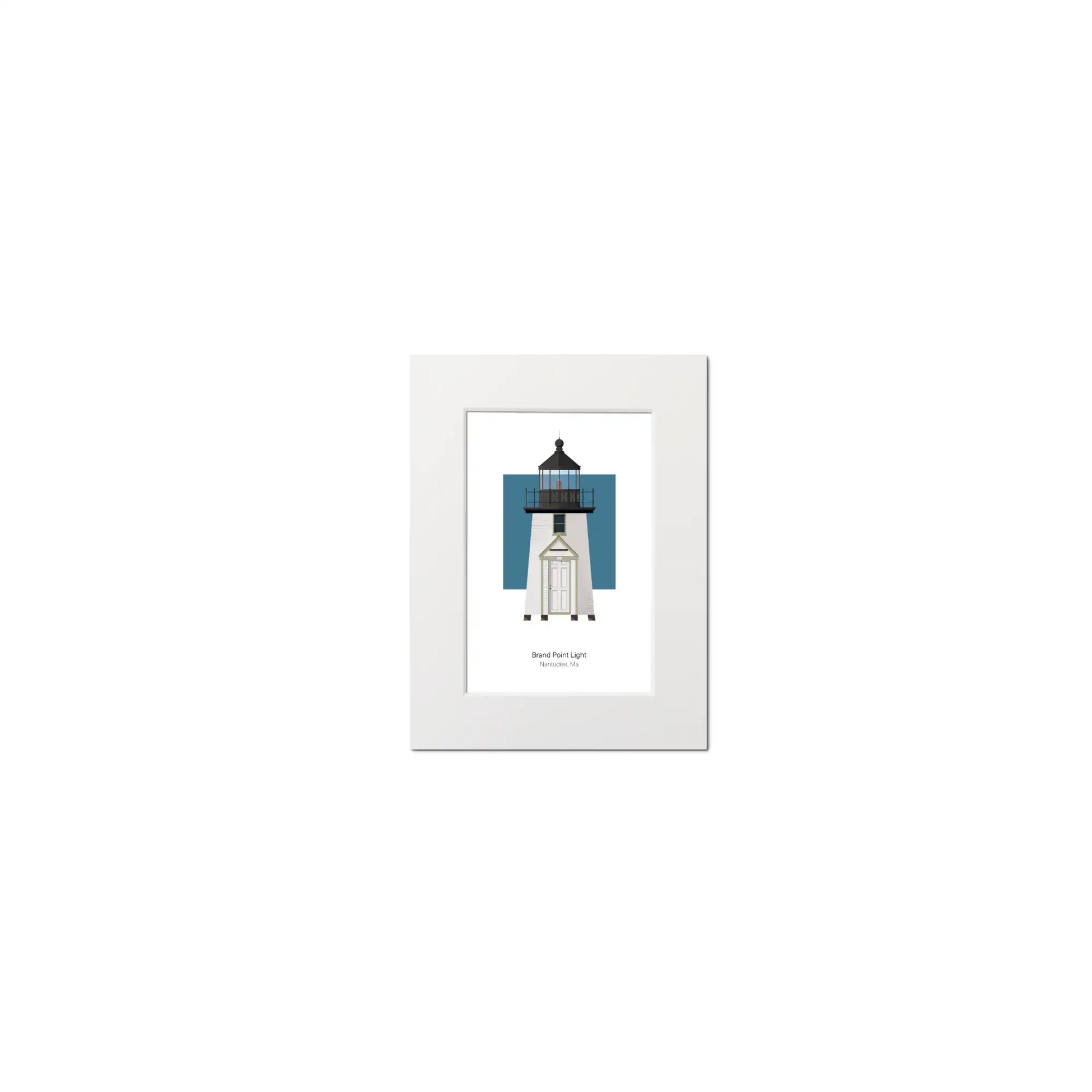 Illustration of the Brant Point, Maine,  USA. On a white background with aqua blue square as a backdrop, mounted and measuring 6"x8" (15x20cm).