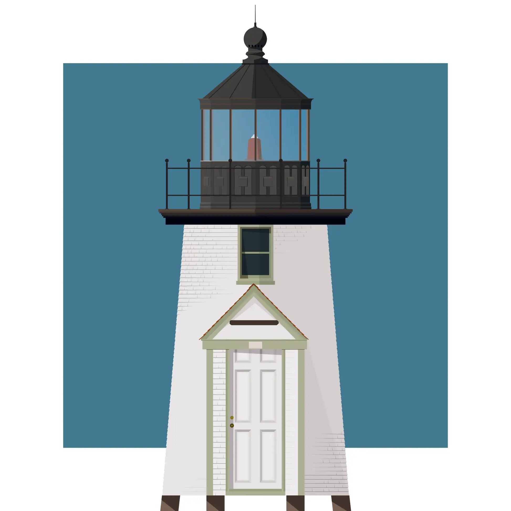 Illustration of the Brant Point, Maine,  USA. On a white background with aqua blue square as a backdrop.