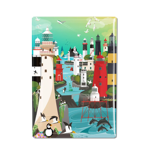 Colourful fridge magnet depicting 16 lighthouse of Ireland