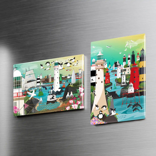 Two Irish landscape fridge magnets stuck to fridge door