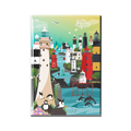 Lighthouses of Ireland rectangular fridge magnet on white background with green circle design