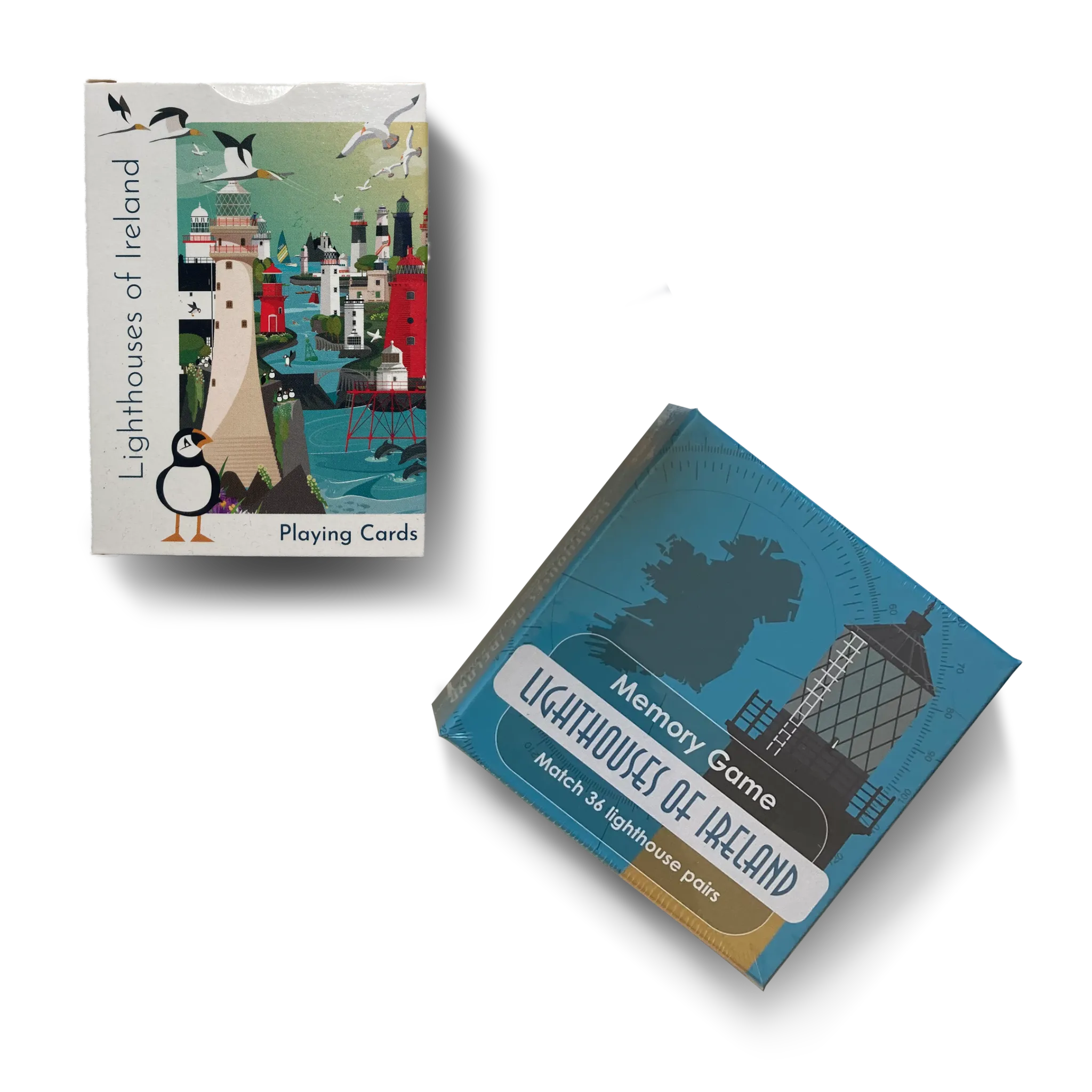 Two card games with lighthouse designs on their packaging.