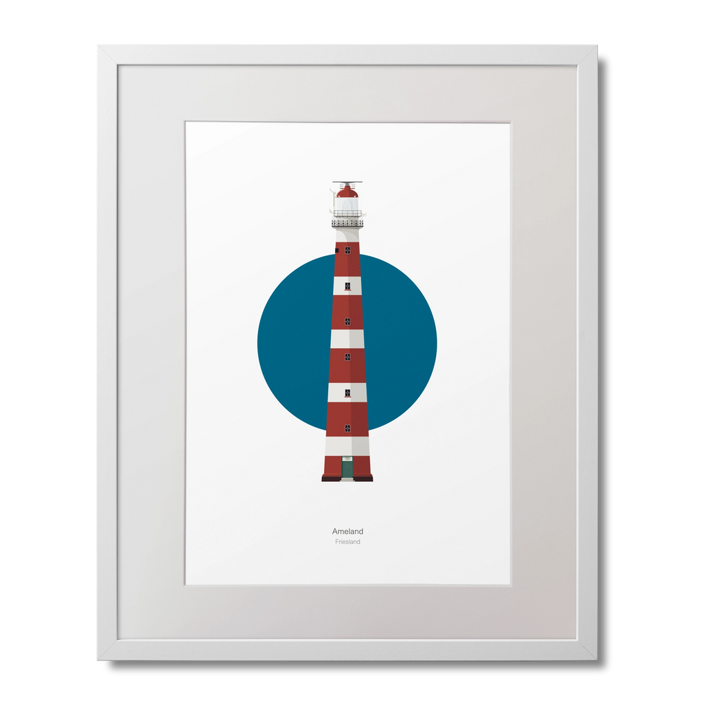 Framed artwork of a lighthouse with a blue circle on a white background