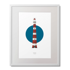Framed artwork of a lighthouse with a blue circle on a white background