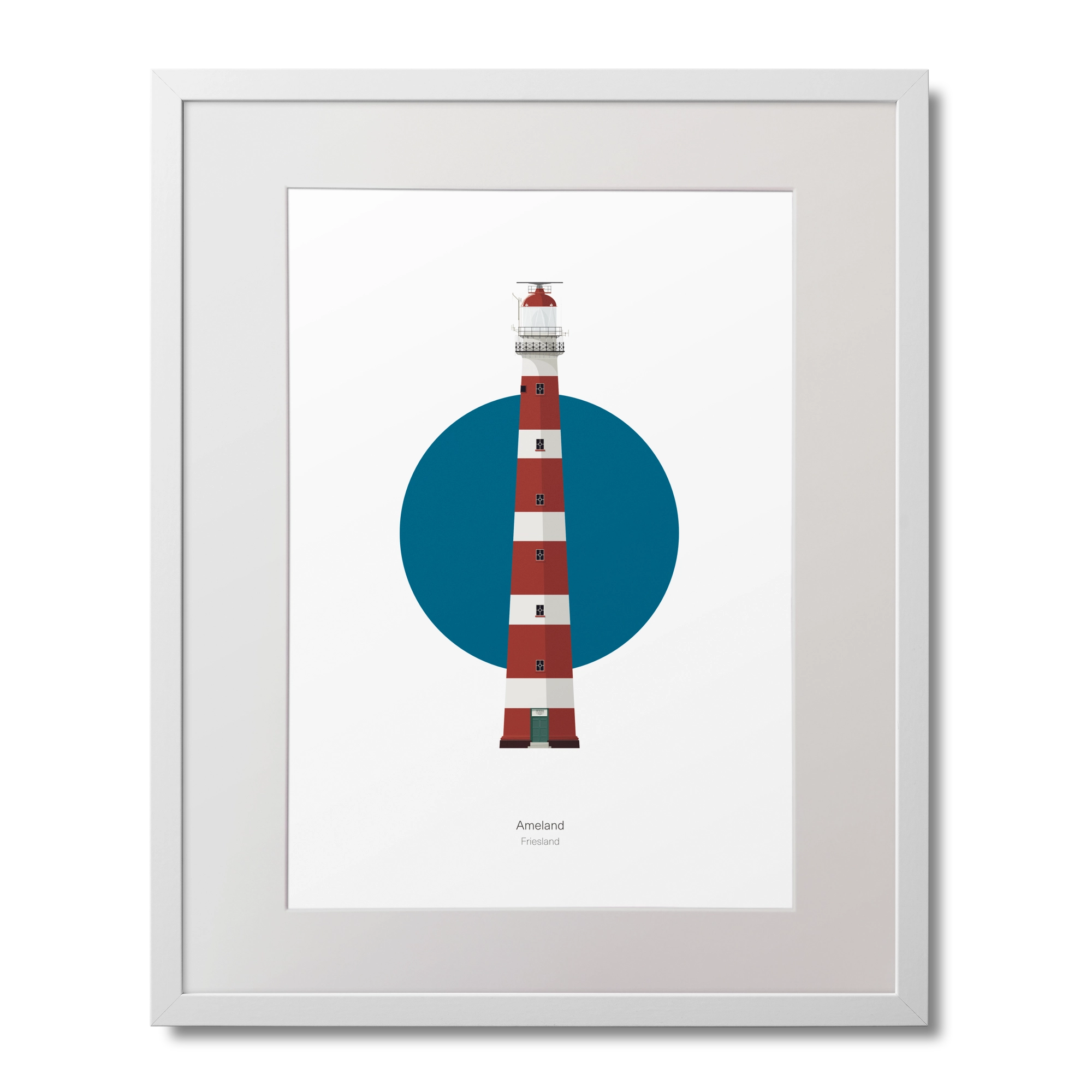 Framed artwork of a lighthouse with a blue circle on a white background
