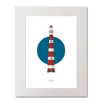 Illustrated artwork of a Dutch lighthouse with a blue circle on a white background