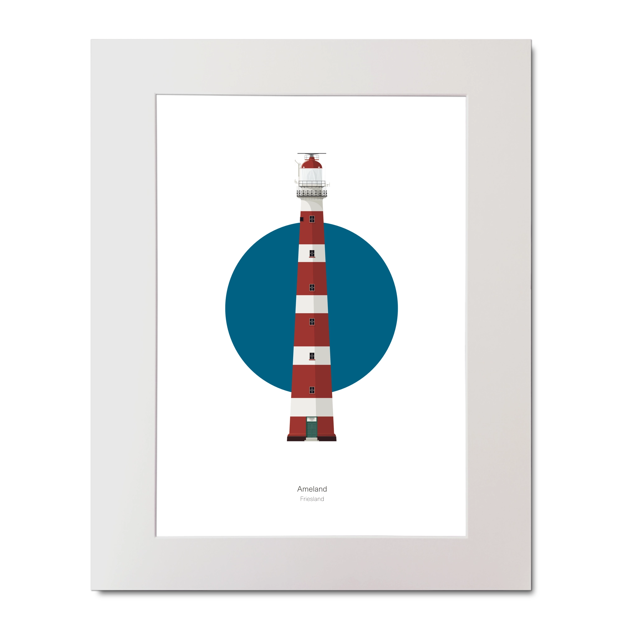 Illustrated artwork of a Dutch lighthouse with a blue circle on a white background