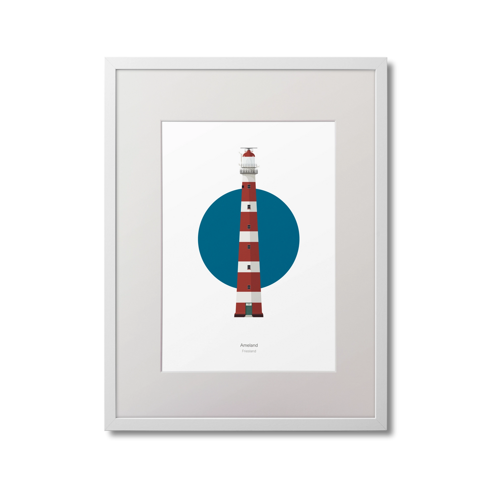 Framed illustration of Ameland lighthouse with a blue circle on a white background