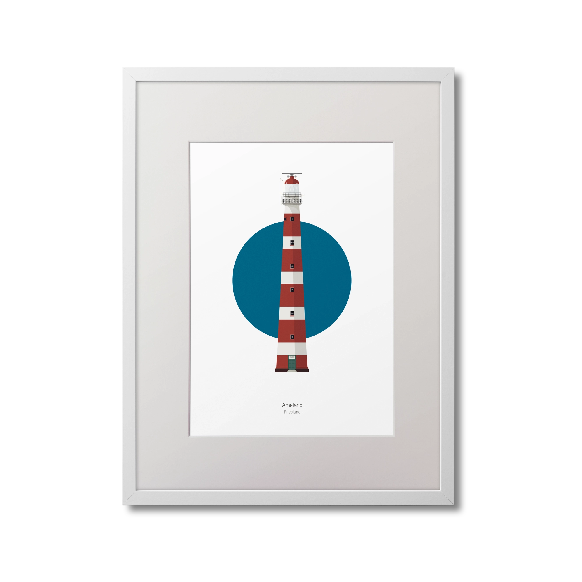 Framed illustration of Ameland lighthouse with a blue circle on a white background