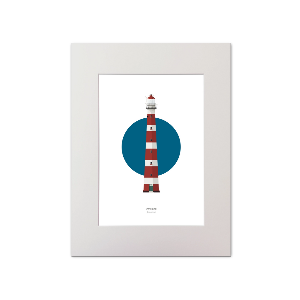 Artwork of Ameland lighthouse with a blue circle on a white background