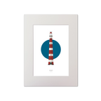 Artwork of Ameland lighthouse with a blue circle on a white background