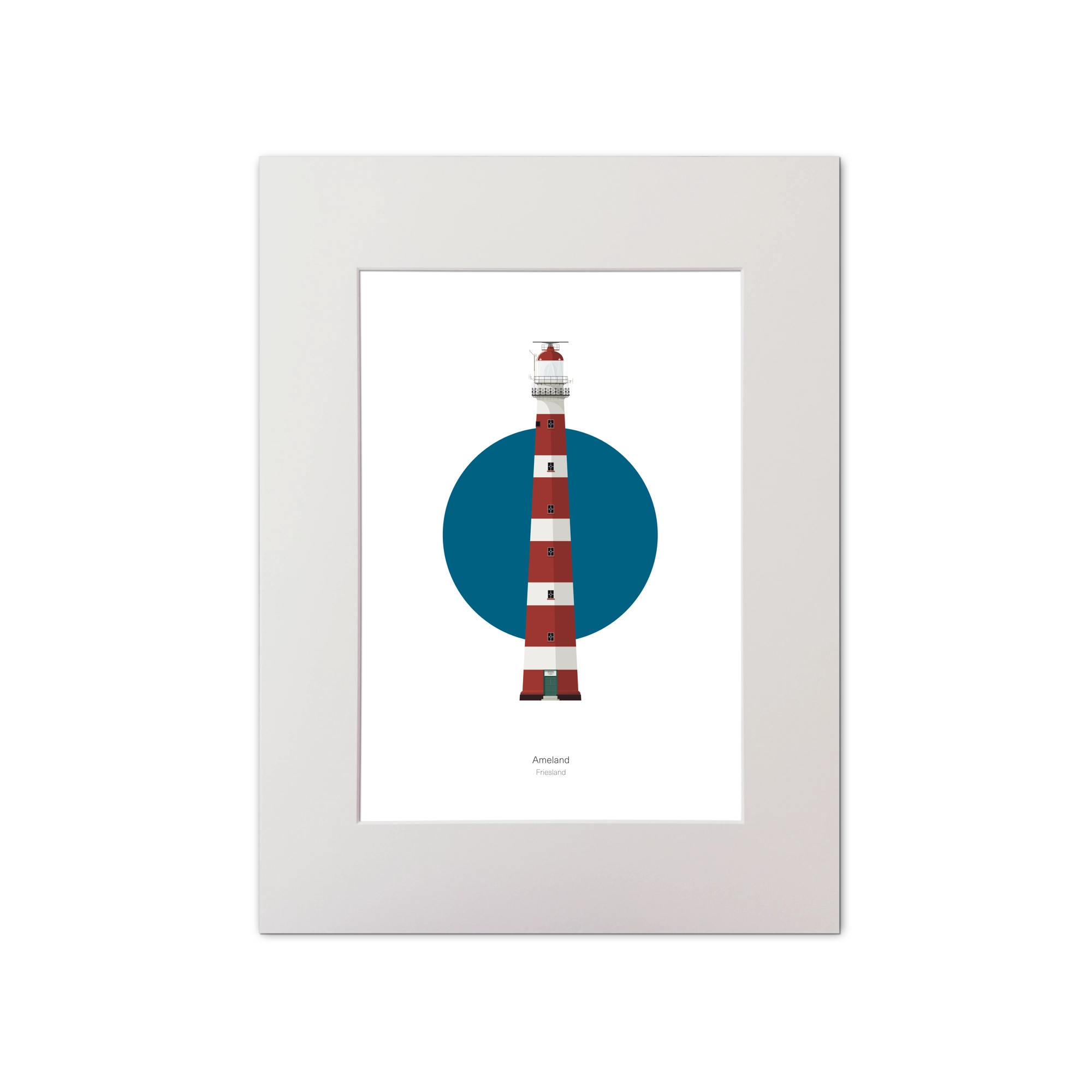 Artwork of Ameland lighthouse with a blue circle on a white background