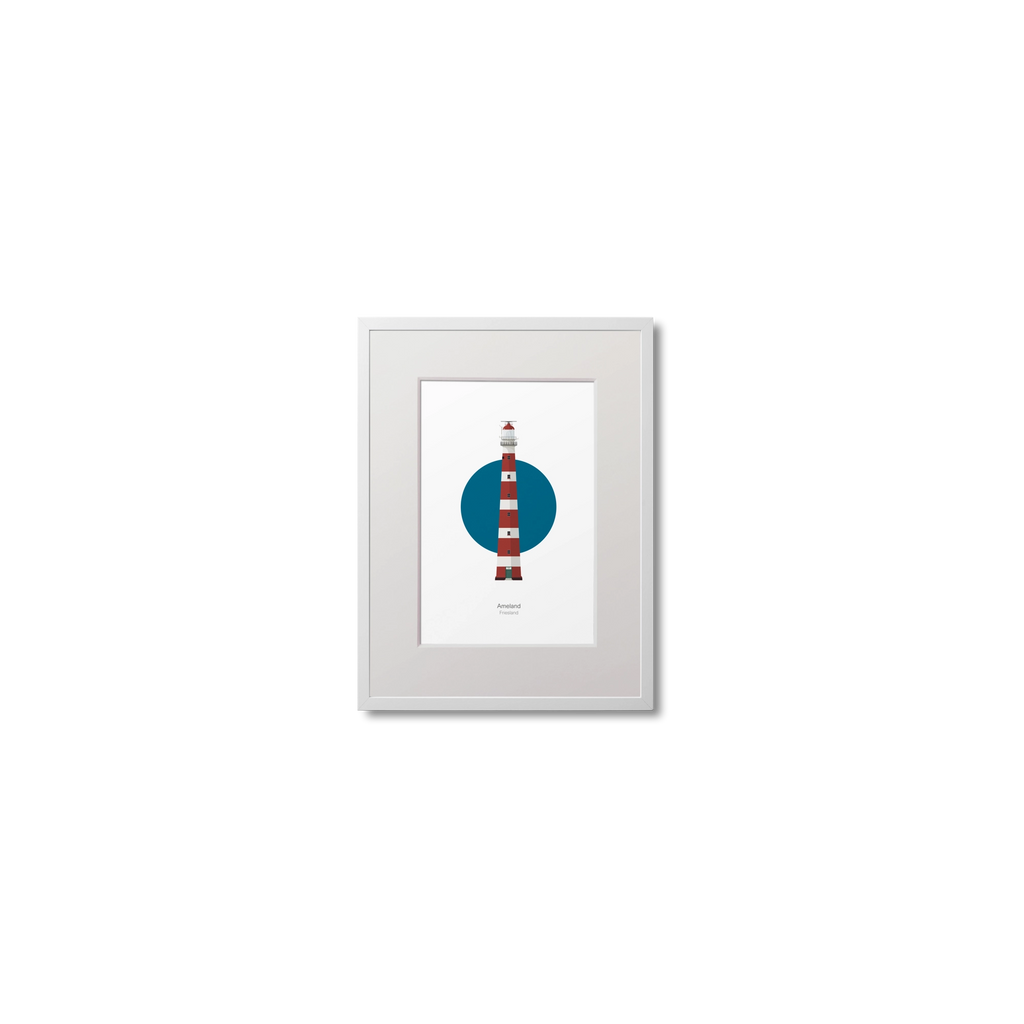 Framed lighthouse artwork with a blue circle and red tower on a white background