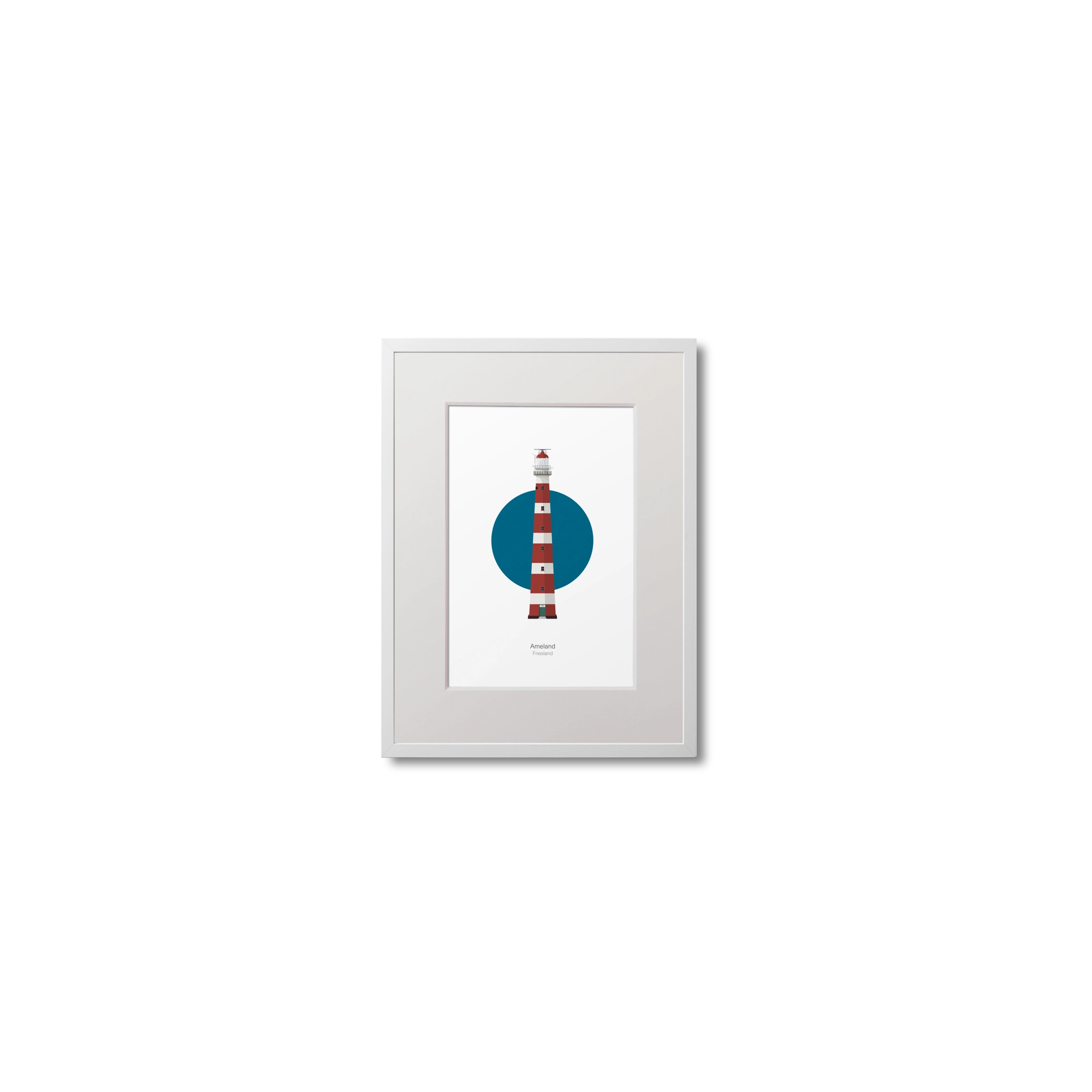 Framed lighthouse artwork with a blue circle and red tower on a white background