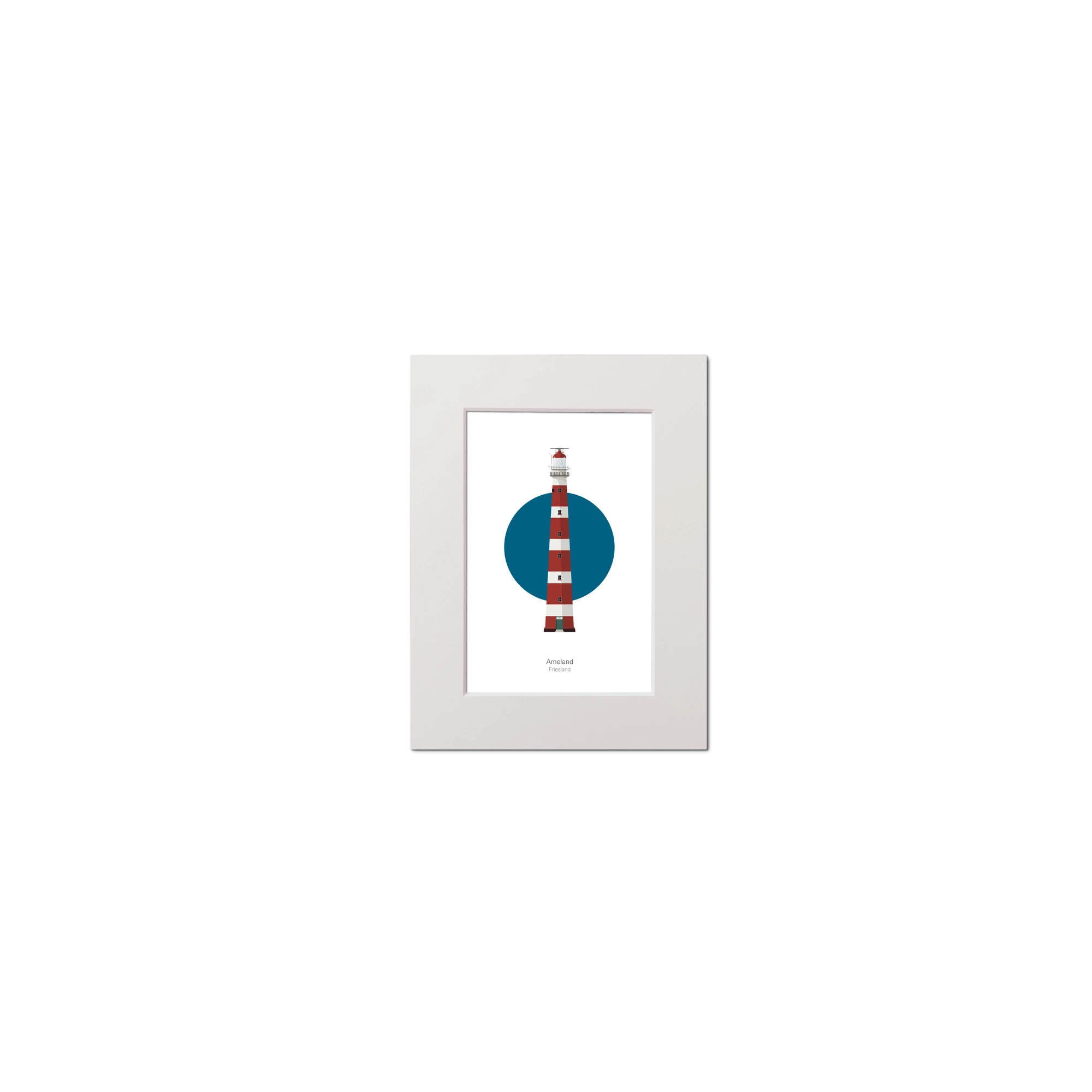 Artwork of Dutch lighthouse Ameland with a blue circular background on white
