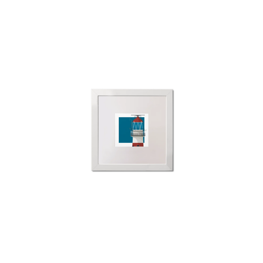 Square mini framed art print of a red and white lighthouse on a blue square background, measuring 10x10cm