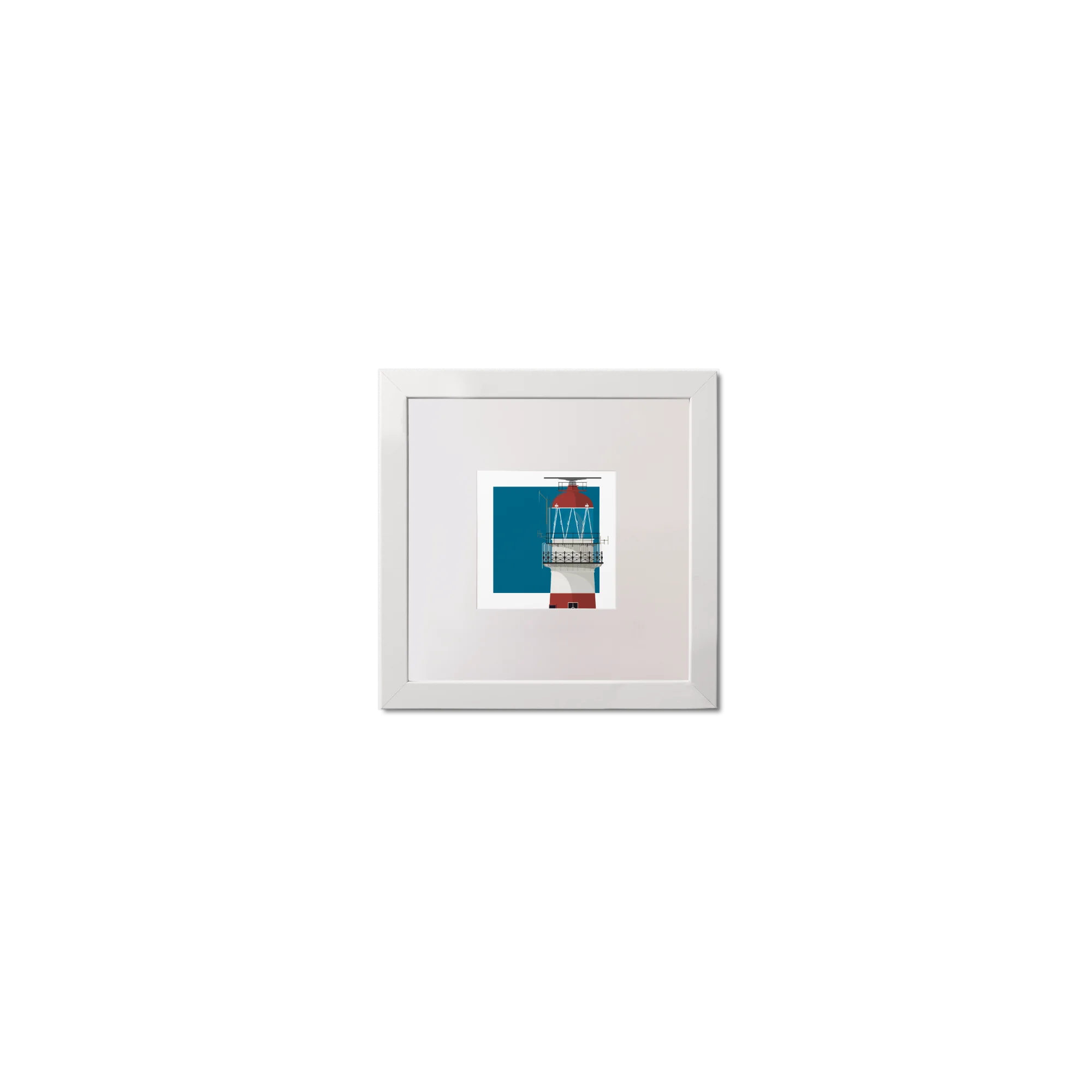 Square mini framed art print of a red and white lighthouse on a blue square background, measuring 10x10cm