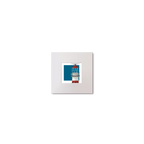 Small illustrated square print of a red and white lighthouse on a blue square background.