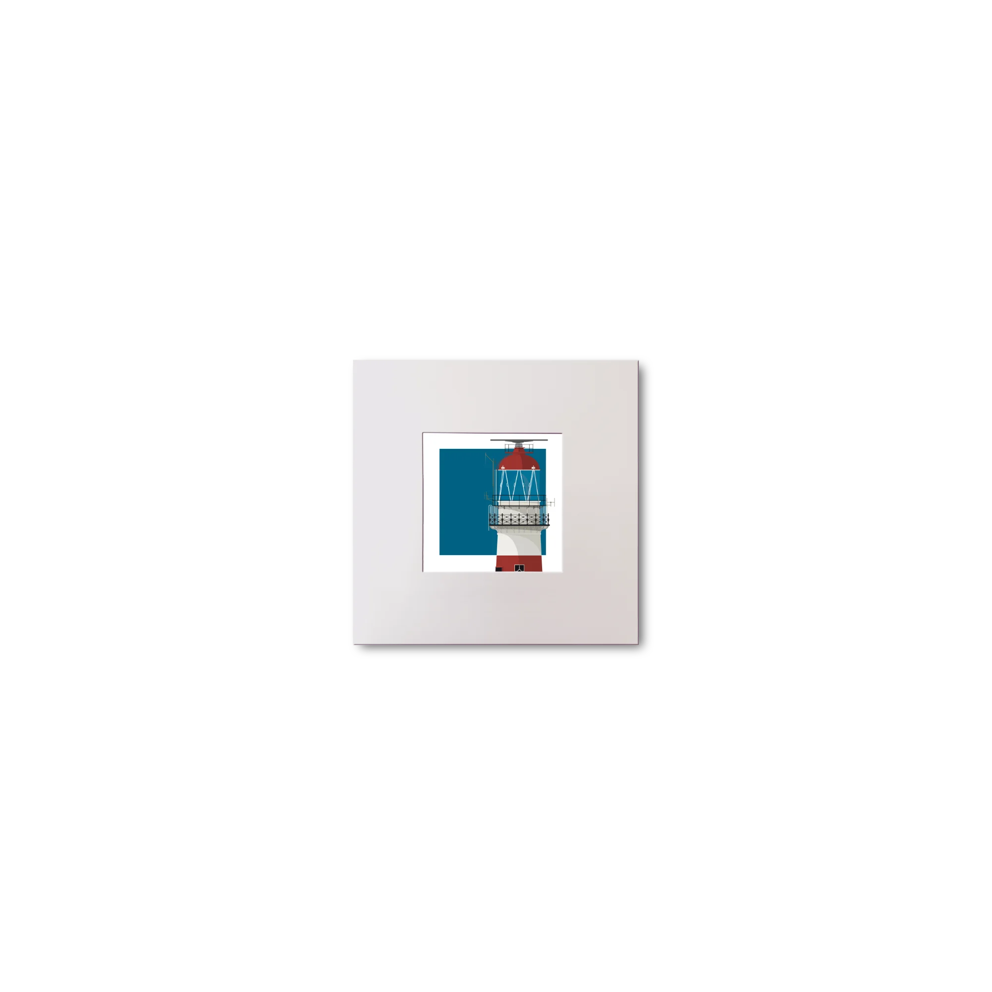 Small illustrated square print of a red and white lighthouse on a blue square background.